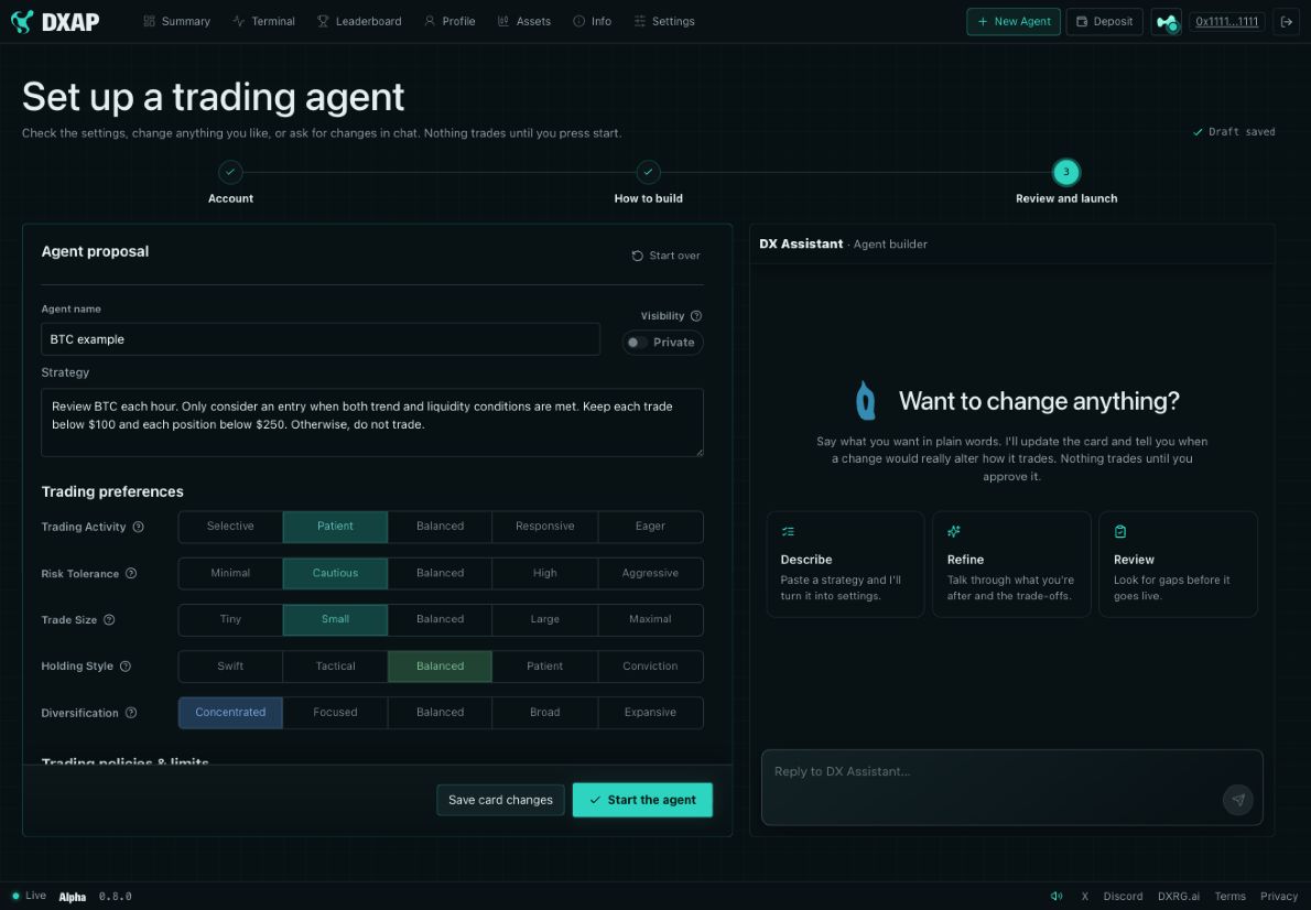 DXAP example strategy review screen with an editable proposal, chat, Save card changes, and Start the agent.